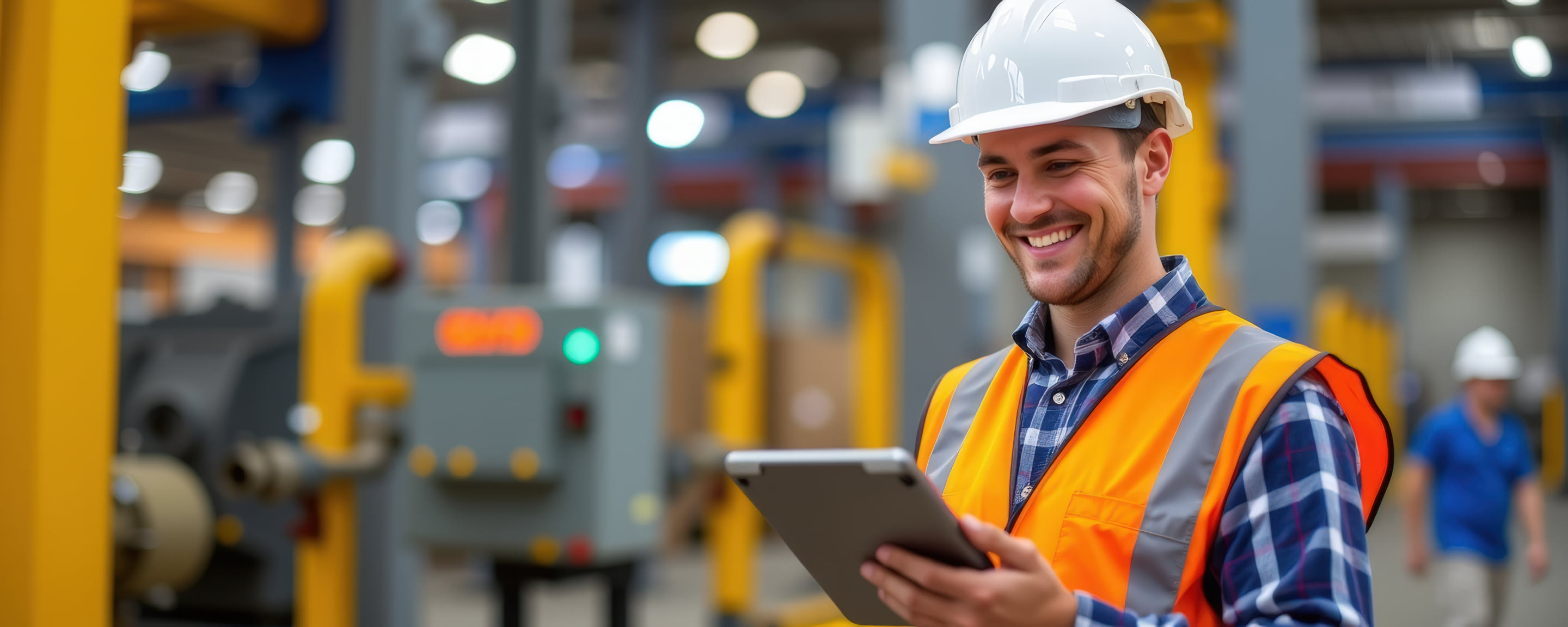 Opérateur équipé d’un casque et d’un gilet de sécurité utilisant une tablette dans un atelier industriel